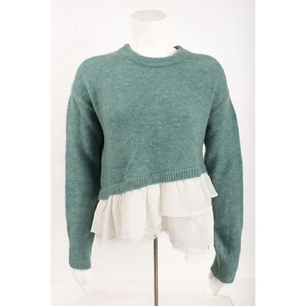 Cinq a Sept Womens Ruffle Hem Atlas Pullover Sweater XS Green White NWT